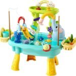 2027 Upgraded 4-in-1 Sand Water Table for Toddlers 1-3, Kids Sensory Table with Electric Water Pump & Elephant Faucet, Play Kitchen Sink with Food Accessories, Fishing Toy (Blue)