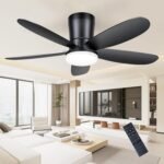 Ceiling Fans with Lights, Low Profile 42-Inch Modern Small Ceiling Fan for Bedroom Indoor Outdoor – Dimmable Fans with Timer Remote Control Flush Mount Reversible 5 Blades 6 Speeds, Black