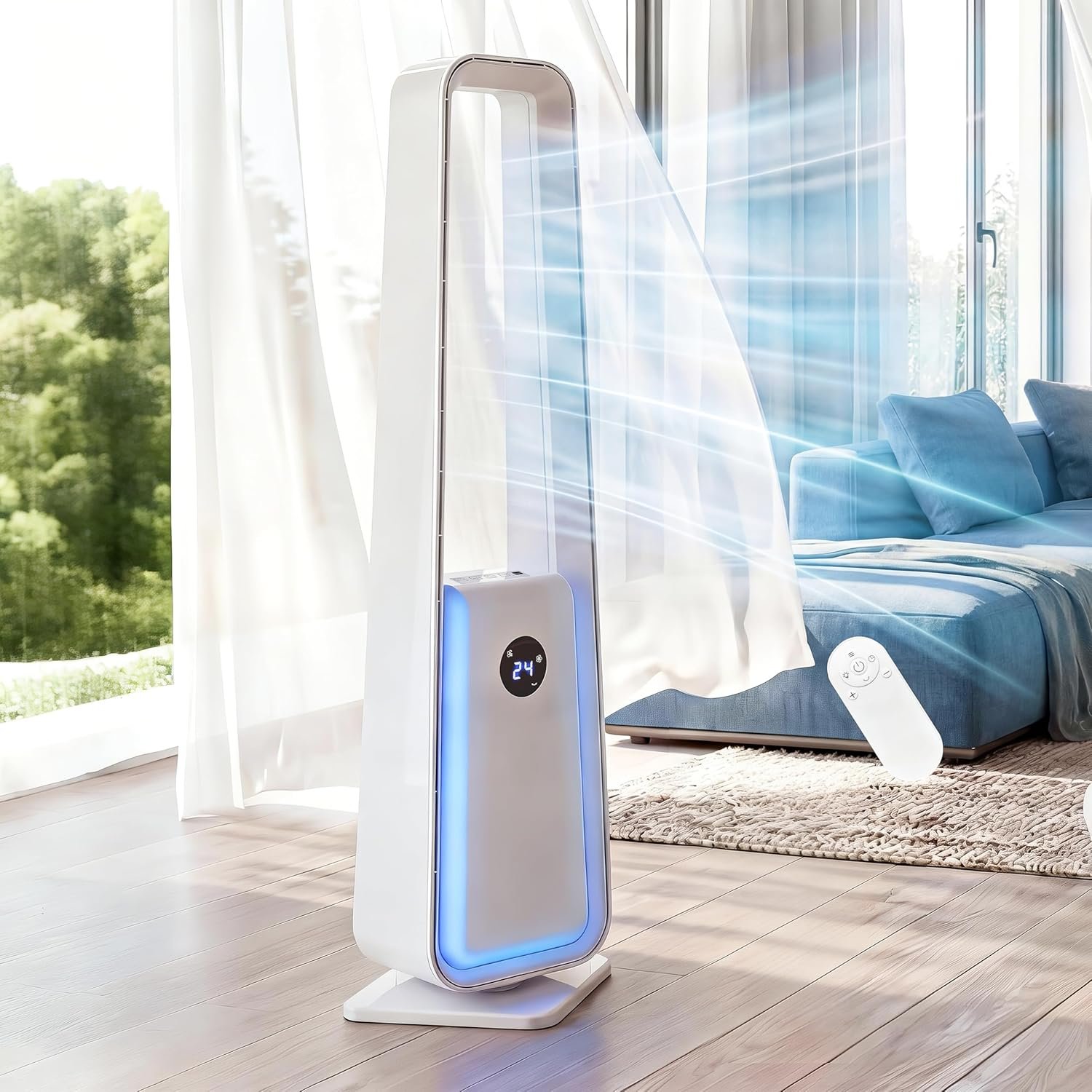 You are currently viewing 36” Bladeless Tower Fan for Bedroom, 25ft/s Powerful Cooling Fan with Remote Control, 12 Speeds, 12H Timer, 4 LED Light Modes, Wide Oscillation Quiet Floor Fan for Home, Office, Room
