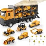 Construction Truck Storage Carrier Toy Set for Kids Ages 3-8 | Push & Go Truck Car 6 Mini Engineering Vehicles 8 Traffic Signs; Birthday Gift For Boys Girls 3-8, Portable Vehicle Playset
