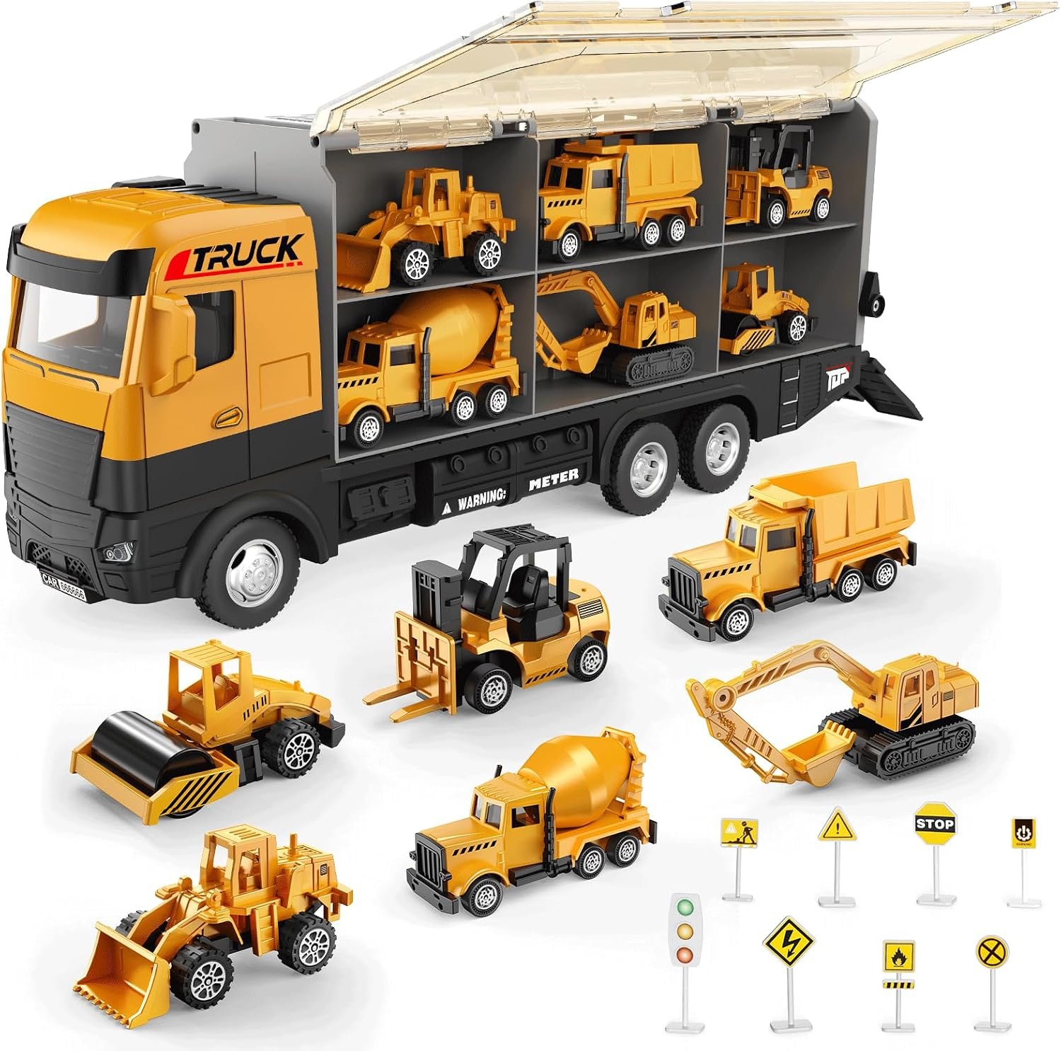 You are currently viewing Construction Truck Storage Carrier Toy Set for Kids Ages 3-8 | Push & Go Truck Car 6 Mini Engineering Vehicles 8 Traffic Signs; Birthday Gift For Boys Girls 3-8, Portable Vehicle Playset