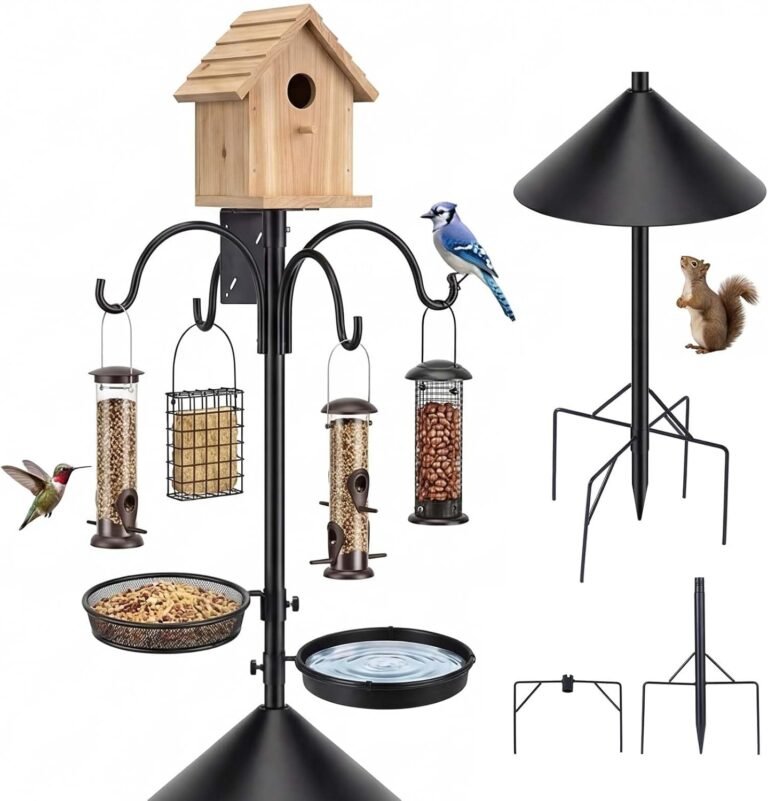 Read more about the article 4 in 1 92 Inch Bird Feeder Pole with Squirrel Baffle | With Bath, Food Tray, 4 Hooks and Holds Cage, Metal, For Outdoors, H