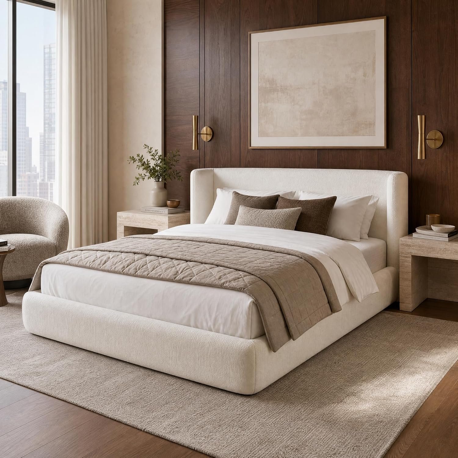 You are currently viewing Queen Size Upholstered Cloud Bed Frame with Wingback Headboard Beige | Cloud Bed Frame, Compressed Foam Upholstery, Queen Platform