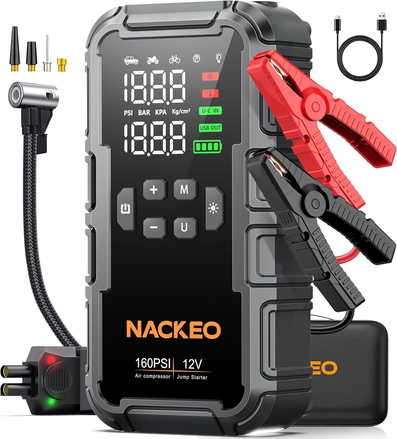 You are currently viewing 8000A Car Battery Jump Starter with Air Compressor 160PSI, Car Jumper Starter Portable (All Gas 12L Diesel), 12V Jump Box Car Battery with 600LM Light, Jumper Cables,