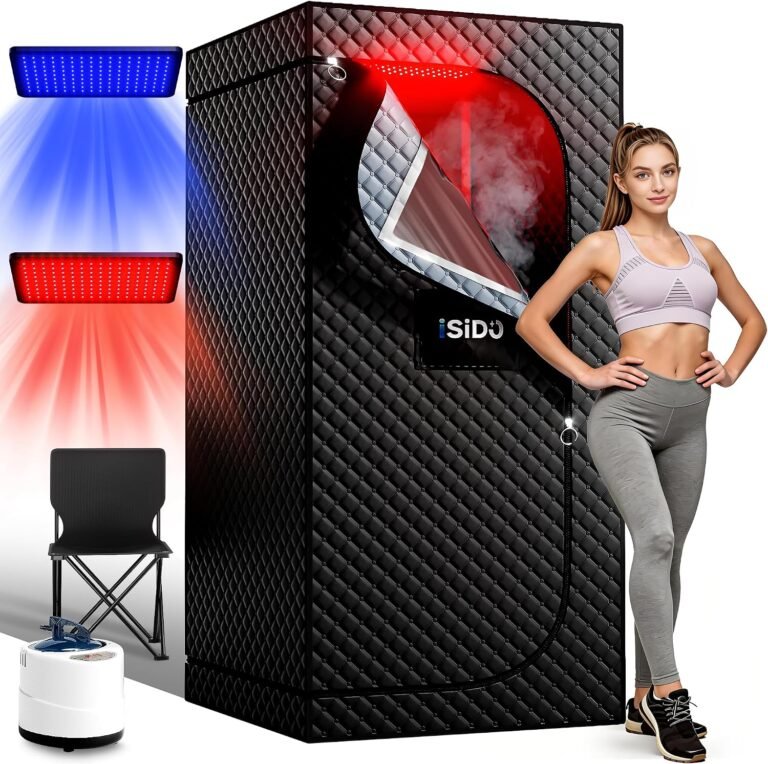 Read more about the article Infrared Steam Sauna with Red & Blue Light Therapy (660nm, 470nm, 850nm) – Portable Home Sauna Tent with 3L 1300W Steamer, Infrared Panel & Folding Chair