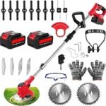 Cordless Garden Strimmer 21V Electric Grass Trimmer with 2×2000mAh Batteries, Adjustable Telescopic Handle, Metal Blades & Roller for Gardens, Lawns and Parks
